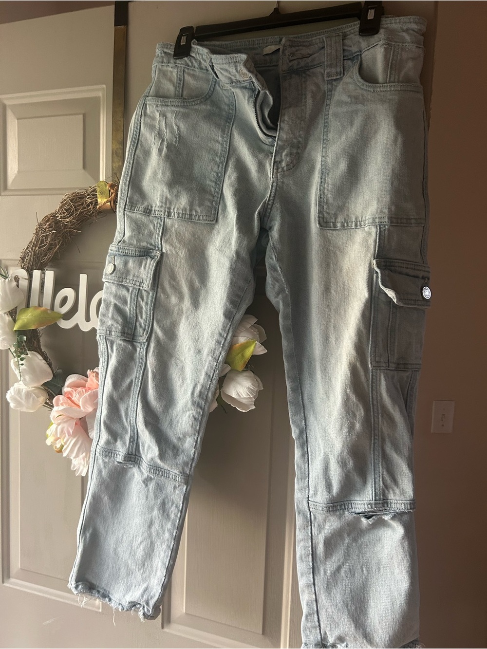 KanCan Light Blue Distressed Denim Cargo Jeans